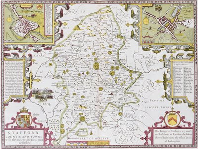 Condado y Ciudad de Stafford, grabado por Jodocus Hondius (1563-1612) de 